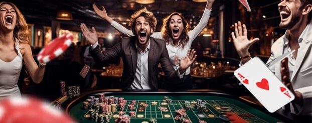 Jugadores celebrando en un casino con oferta de bono hasta S/1000