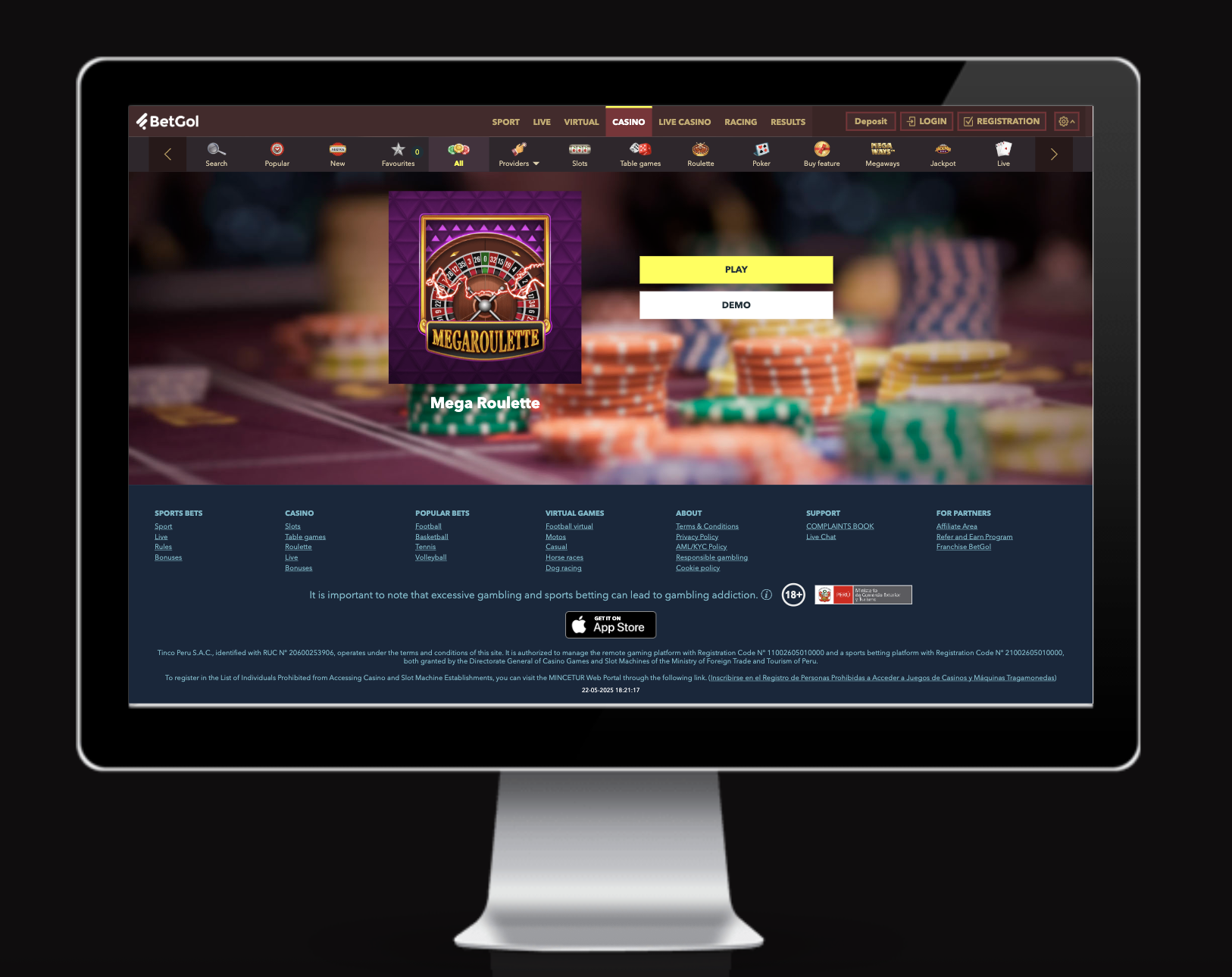 Pantalla de juego Mega Roulette en sitio de casino en línea