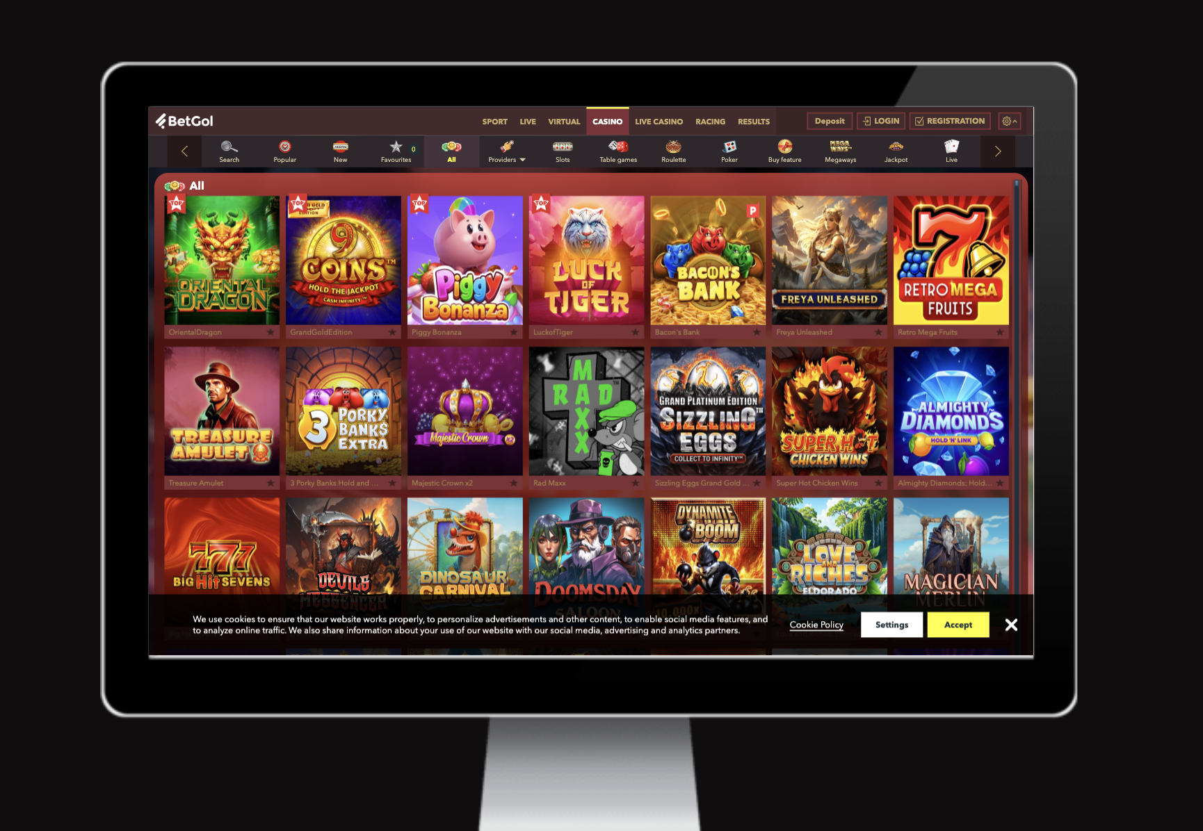 Vista del catálogo de juegos de tragamonedas en línea en el sitio BetGol